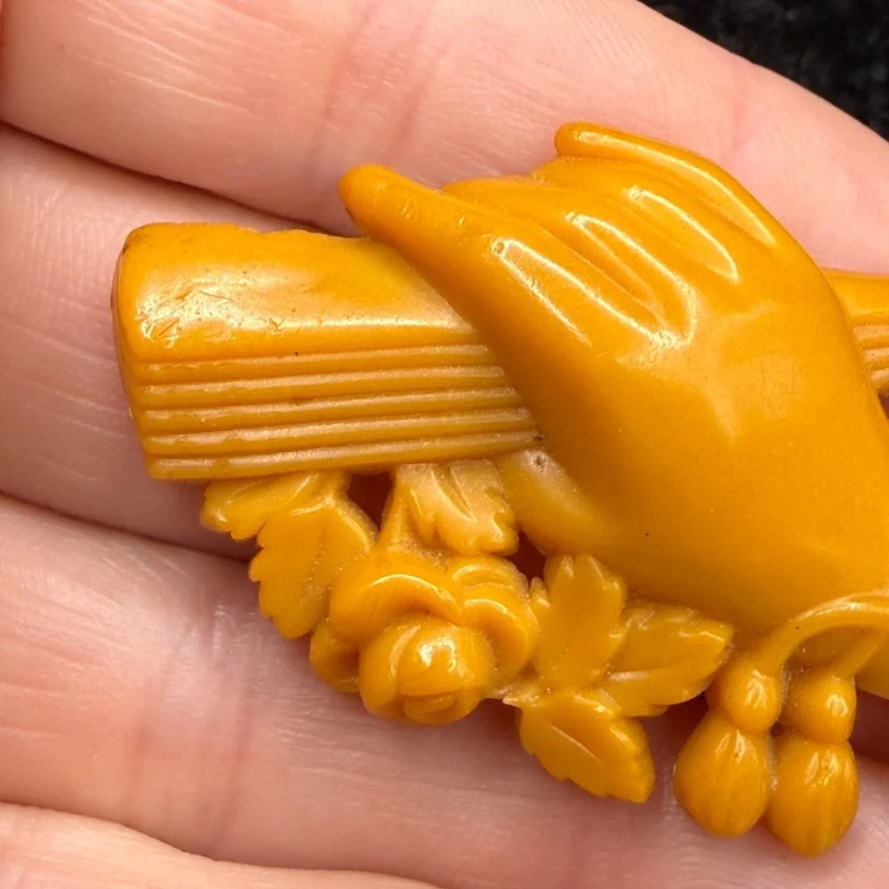 Vintage Art Deco Celluloid Brooch Hand with Fan Flowers